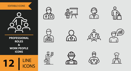 Fototapeta premium 12 Professional Roles and Work People Icons outline icon set.eps. Outline work people icons for job roles and professions