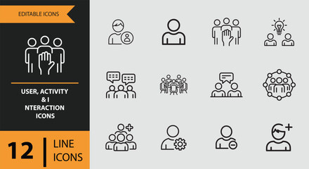 12 User Activity and Interaction Icons outline icon set.eps. Outline user activity icons for interaction engagement and actions