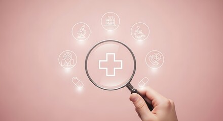 Magnifying glass inspecting medical cross symbol with digital network