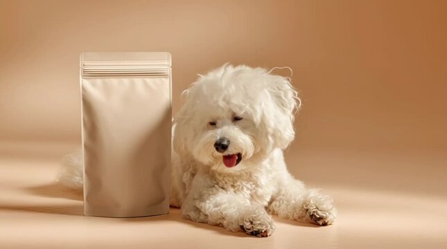 Bichon moving toward blank pouch in warm studio scene