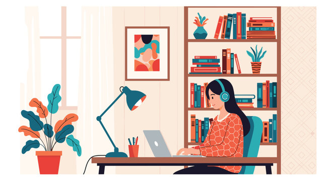 Cozy scene of a woman with headphones working or studying on a laptop at her desk in a home office with a bookshelf.
