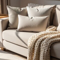 Scandinavian Sofa Close-Up with Linen Pillows and Knit Throw