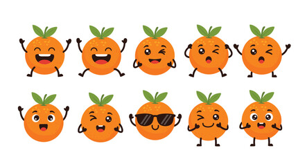 Fototapeta premium Set of cute and funny orange fruit cartoon characters with various expressions, including smiling, winking, and wearing sunglasses.
