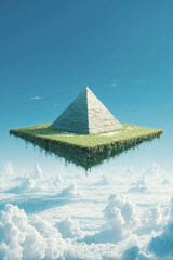 AI Generated - Animated pyramid floating in the sky above the clouds. Commercial illustration artwork. Illustration. High-resolution. High-res. Premium quality. Premium. Professional grade. Quality.