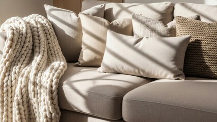 Scandinavian Sofa Close-Up with Linen Pillows and Knit Throw