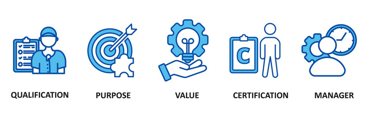 Asset manager banner web icon set In Blue Style vector illustration foricon of qualification, purpose, value, certification and manager