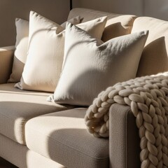 Scandinavian Sofa Close-Up with Linen Pillows and Knit Throw