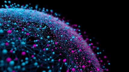 Business background featuring social connectivity thousand of small colorful data cube blue pink cyan forming sphere shape line connecting user abstract representation of social medium data dark