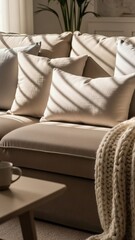 Scandinavian Sofa Close-Up with Linen Pillows and Knit Throw