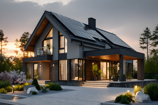 New suburban house with a photovoltaic system on the roof. Modern eco friendly passive house with solar panels on the gable roof, driveway and landscaped yard - Powered by Adobe