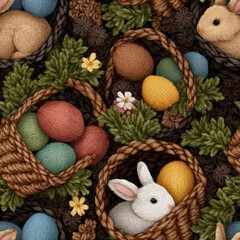 Easter Basket Delight - Vibrant Pattern of Woven Baskets Filled with Painted Eggs and Chocolate Bunnies for Festive Holiday Celebration