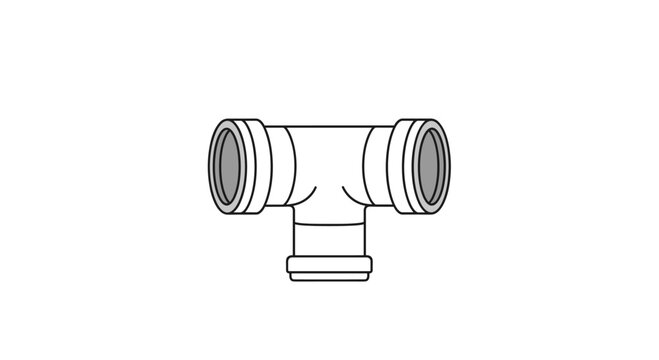 Simple black and white line art icon of a PVC or plastic T-shaped pipe fitting used in plumbing and pipeline systems.