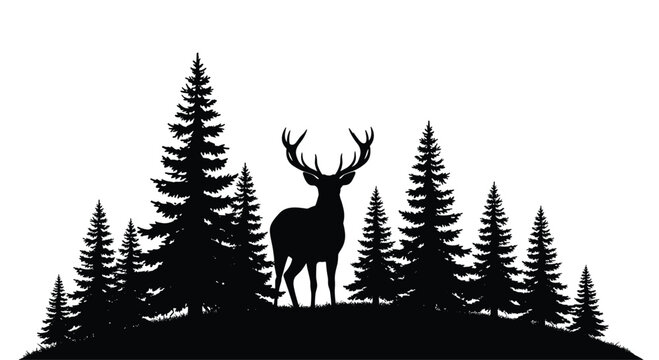 Black silhouette of a majestic deer with large antlers standing in a pine and fir tree forest on a grassy hill.