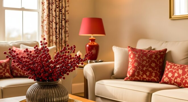 Cozy living room interior with beige sofa and red accent decor