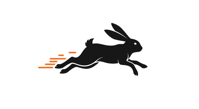 Dynamic black silhouette of a rabbit running or jumping at high speed, with orange motion lines indicating fast movement.