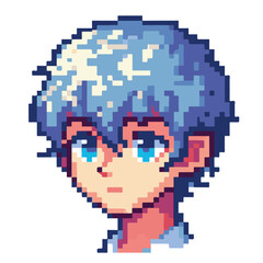 Fototapeta premium Pixel Portrait of a Young Man with Blue Hair and Eager Eyes
