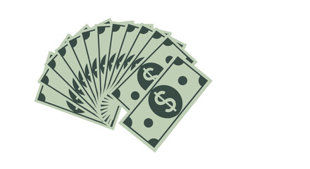 Fan of green paper dollar bills arranged in a semi-circle, representing wealth, cash, finance, and economic prosperity.