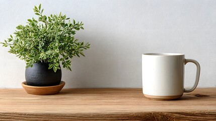 Minimalist wooden desk surface featuring a white coffee mug and a small green plant against a white wall background for a clean workspace.
