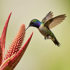 Fototapeta premium Hummingbird in Flight on a Tropical Flower: Pollination in Dynamic Action