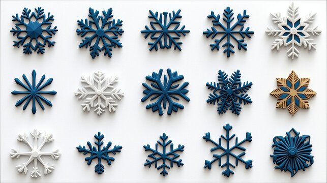 A collection of various snowflake designs in blue, white, and gold colors, arranged on a white background, creating a winter holiday theme.
