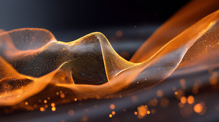 Abstract gradient particle waves seamlessly flowing with soft purple light and bokeh. Orange and blue digital waves. Technology, engineering, science, and artificial intelligence background