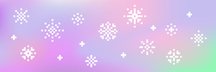 Pixel art 8 bit white snowflakes on color gradient background.