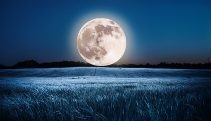 Cracked Glowing Moon Hovering Above Twilight Field Of Swaying Grass