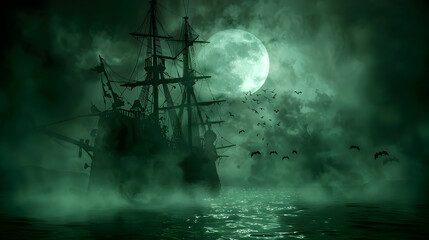 Fototapeta premium Mysterious pirate ship under full moon surrounded by eerie fog