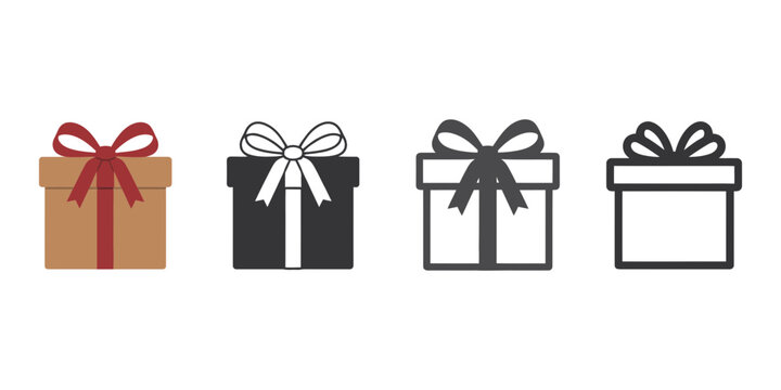 Set of four gift box icons with bows in different styles including color, solid black, outline, and simple line art