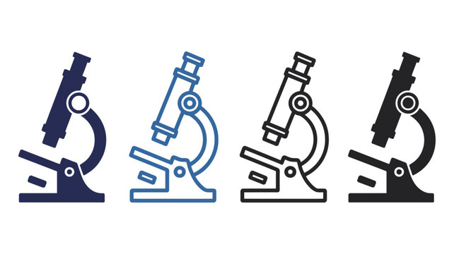 Set of four microscope icons in different styles including solid fill and outline