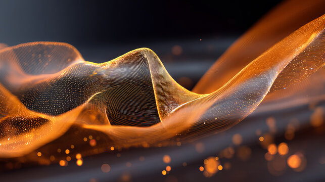 Abstract gradient particle waves seamlessly flowing with soft purple light and bokeh. Orange and blue digital waves. Technology, engineering, science, and artificial intelligence background