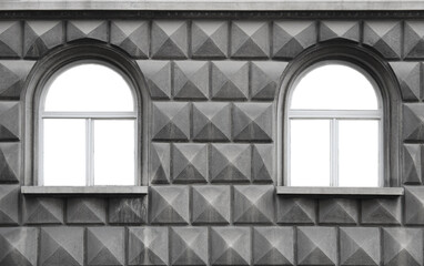 Two arched windows on a brick wall of house home 2 Arch Windows on grey gray silver Historic historical Building Wall with Decorative Trim Mockup template mock up WHITE mock-up isolated