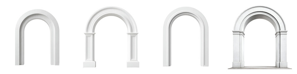 Fototapeta na wymiar Four decorative arched doorways and door frames in a variety of styles with architectural elements, white on white background, isolated design