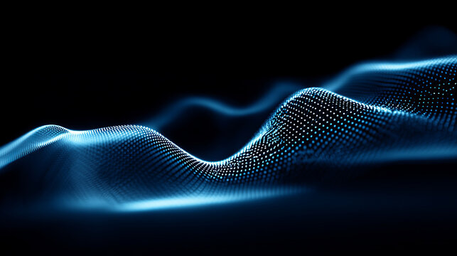 Abstract gradient particle waves seamlessly flowing with soft purple light and bokeh. Orange and blue digital waves. Technology, engineering, science, and artificial intelligence background