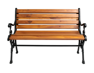 Empty park bench with brown wooden slats and ornate black metal frame
