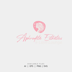 Pink Aphrodite Esthetics and Lash Lounge Logo with Woman Silhouette and Celestial Moon Stars Design