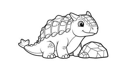 Cute Baby Ankylosaurus Dinosaur Sitting by a Rock Coloring Page