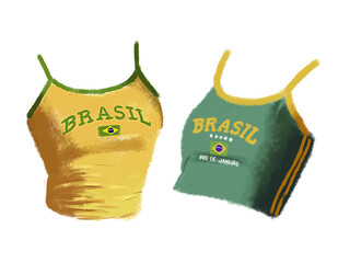 Illustration of a yellow sleeveless top with green details and the word "Brasil" written on it. Green Brazilian cropped top with yellow details and the word "Brasil" written on it. Brazil core.
