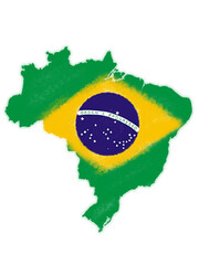 Illustration of a map of Brazil with the flag printed on it. Flag of Brazil. Map of the country Brazil. Brazil core.
