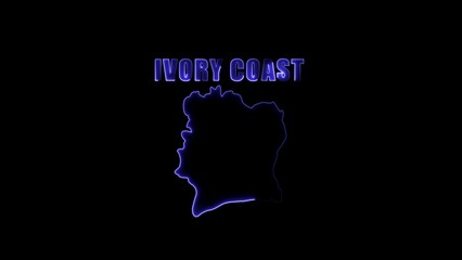 Ivory Coast outline glowing neon blue text and map silhouette image