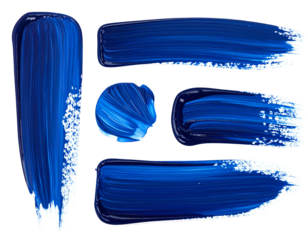 Five vivid blue paint brushstrokes in various shapes and textures