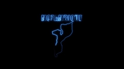 Neon blue outline map of Mozambique and text on black background image