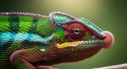 Fototapeta premium Vibrant chameleon with colorful scales and extended tongue, showcasing intricate detail and natural beauty.