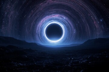 Vast cosmic phenomenon illustrates a black hole with a glowing accretion disk in deep space