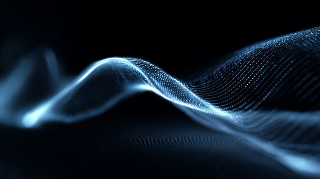 Abstract gradient particle waves seamlessly flowing with soft purple light and bokeh. Orange and blue digital waves. Technology, engineering, science, and artificial intelligence background