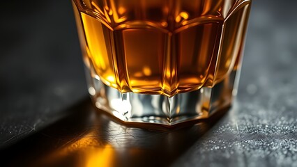 schnapps. Golden schnapps liquid in a crystal glass, light refraction on a dark surface, minimalist style. bar promotions, beverage menus, designed for product packaging and bar promotions.
