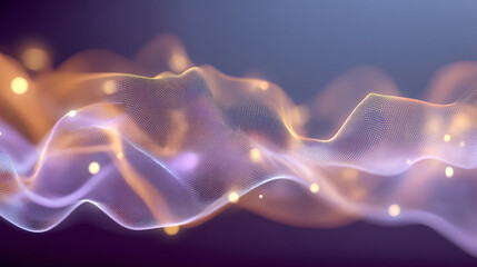 Abstract gradient particle waves seamlessly flowing with soft purple light and bokeh. Orange and blue digital waves. Technology, engineering, science, and artificial intelligence background