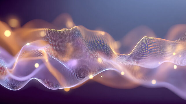 Abstract gradient particle waves seamlessly flowing with soft purple light and bokeh. Orange and blue digital waves. Technology, engineering, science, and artificial intelligence background