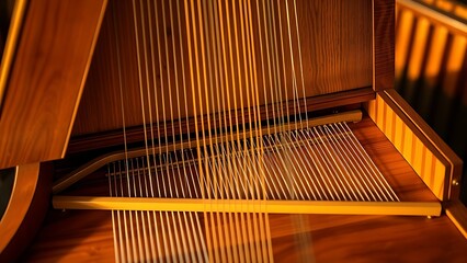 harpsichord. Opened harpsichord interior showing intricate wood grain and strings. event programs, museum guides, designed for cultural heritage projects and event programs, preserves heritage.
