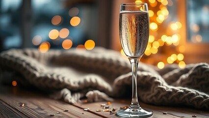 dcf. A champagne flute with golden bubbles on a wooden table beside a cozy blanket and festive confetti. bar promotions, beverage menus, designed for food & beverage menus and cafe branding.